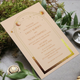 Invitación Con Relieve Metalizado Boda de estrellas de luna de oro de champán celest