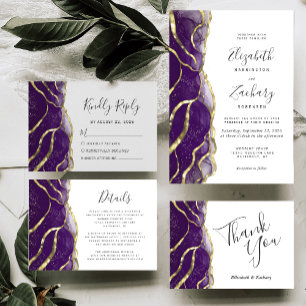 Tarjeta De Recepción Detalles de Boda con Tinta Dorada Púrpura Moderna