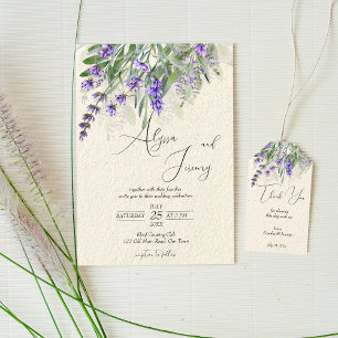 Invitación Lavanda rústica en boda de madera blanca