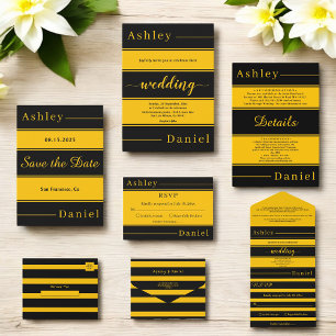 Invitación Elegante Moda Negro Y Gold Stripes Boda De Lujo