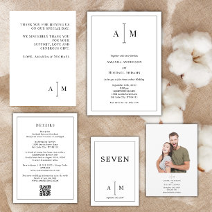 Invitación Monograma blanco negro Boda de borde simple mínimo