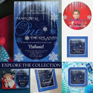 Invitación Winter ONEderland Foto Azul Primer cumpleaños