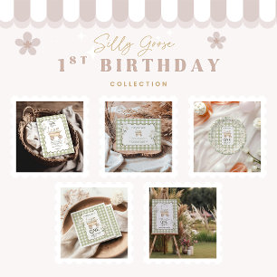 Tarjeta De Agradecimiento Silly Goose 1er cumpleaños Green Gingham