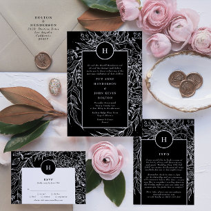 Invitación Elegante Tuxedo Negro Brillante Monograma Blanco