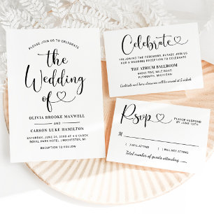 Invitación Modern Black Heart Calligraphy Script Boda