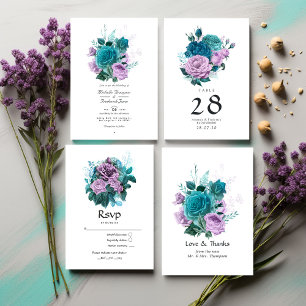 Tarjeta De Agradecimiento Boda floral de color turquesa y lavanda