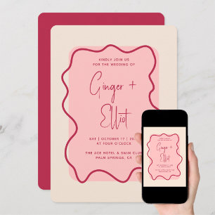 Invitación Con Relieve Metalizado Moderno y negrita marco ondulado Magenta Boda rosa