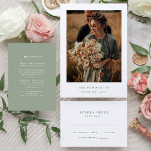 Invitación Texto y foto elegante en blanco y sabio   Boda