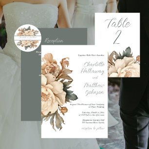Pegatina Redonda Elegante Taupe Con Boda Floral Verde