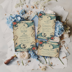 Tarjeta De Agradecimiento Boda Vintage Náutica con Olas y Cuerda