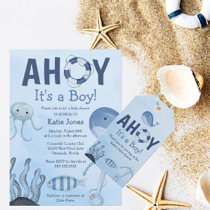 Invitación Ahoy es un Baby Shower costero de Boy Ocean Animal