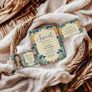Invitación Foto Flor de Maíz Azul Art Nouveau Dulces Dieciséi