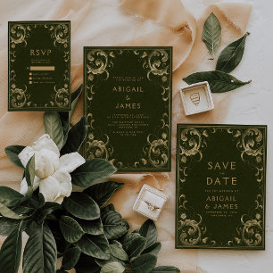 Tarjeta De Recepción Vintage Frame Olive Green Gold Wedding RSVP