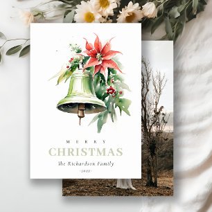 Tarjeta Festiva Navidades Bell Pine Poinsettia Foliage Watercolor