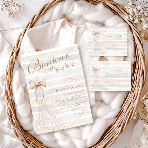 Tarjeta De Recepción Beige Bow Bonjour Bebe Baby Shower Diapper Raffle