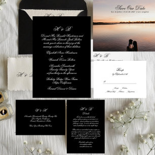 Invitación Monograma de caligrafía Boda formal blanco y negro