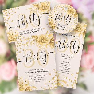 Tarjeta De Agradecimiento Glam Gold Floral Purpurina 30.º guión de cumpleaño