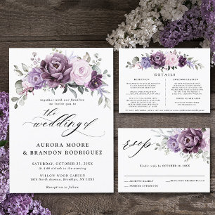 Invitación Todo En Uno Tonos de violeta morada agitada florece Boda morad
