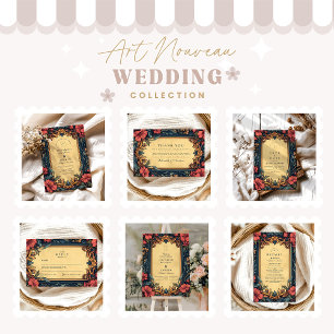 Invitación Boda floral azul de la marina Art Nouveau