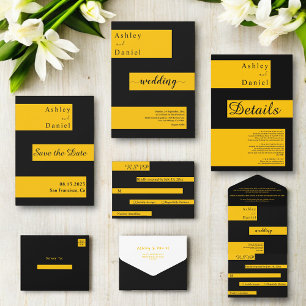 Invitación Todo En Uno Elegante Boda Moderno De Moda Negra Y Oro De Lujo