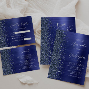 Invitación Boda de Letra Brillante de Metal Pulido Azul Marin