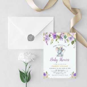 Invitación pequeño elefante púrpura ducha de bebé floral