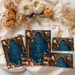 Tarjeta De Recepción Boda islámico floral azul de la marina
