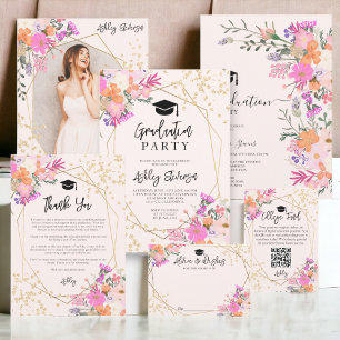 Invitación Purpurina de oro de acuarela floral graduación de 