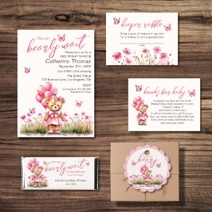 Invitación Chica de mariposa rosa con globo Bear Teddy Bear B