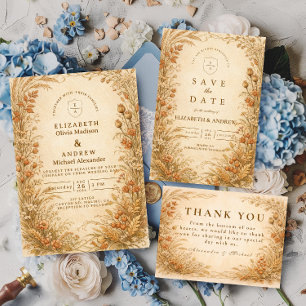 Tarjeta De Agradecimiento Boda Floral Vintage de Pradera Dorada