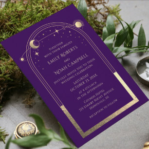 Invitación Todo En Uno Espacio Astronómico Mystical Purple Gold Star Moon