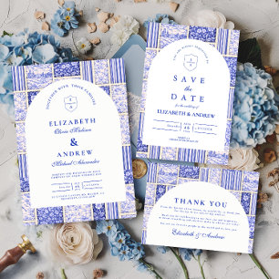 Invitación Boda de toile de patchwork azul blanco