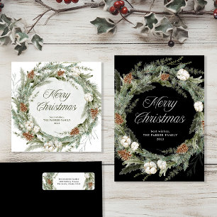 Tarjeta Festiva Elegante guirnalda de pino y vegetación   Feliz Na