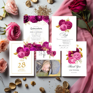 Tarjeta De Agradecimiento Foto de Quinceañera floral de color rosa caliente 