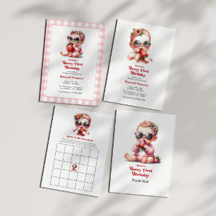 Invitación Pink Gingham & Strawberry Berry Primer Fiesta de c