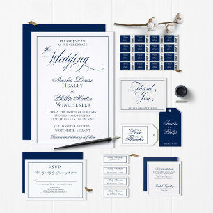 Elegante invitación a la boda azul y blanca de la 