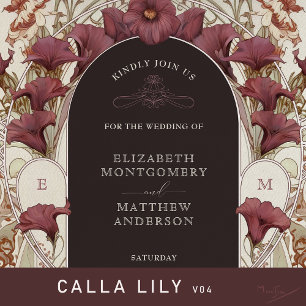 Invitación Black Purple Calla Lily Boda Art Nouveau Mucha