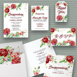 Reserva La Fecha Rosas Rojas Vintage Quinceanera