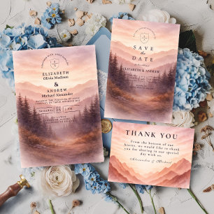 Invitación Escena de Boda Rústica de Bosque Montañoso