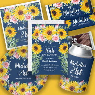 Invitación Rosas rosas rosas girasoles marina azul cumpleaños