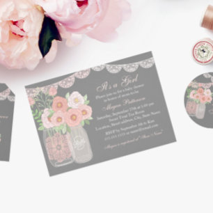 Invitación a Baby Shower de color rosa y gris de M
