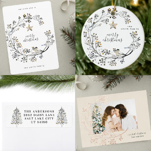 Tarjeta Festiva Con Relieve Metalizado Feliz Navidad   Oro Rosa de fotografía verde y cre
