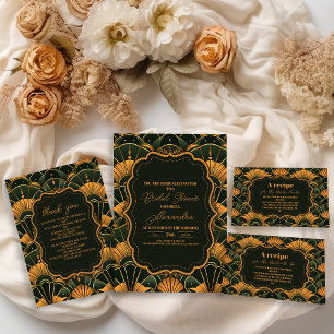 Invitación Oro de diamante marital Art Deco y verde