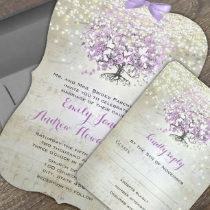 Invitación Todo En Uno Elegante Lavanda Boda de árbol de hojas de corazón