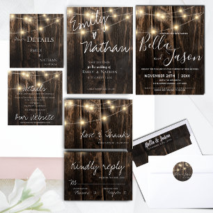 Postal De Invitación Madera Rústica con luces de cadena Boda de lintern