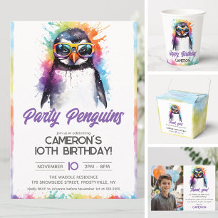 Invitación gafas de sol de fiesta Pingüino, cumpleaños de niñ