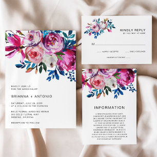 Tarjeta De Recepción Boda moderno con flores rosadas Verde azuladas bri