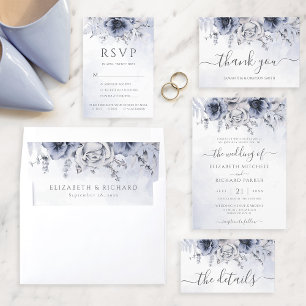 Tarjeta De Recepción Detalles del Boda floral de color azul turbio