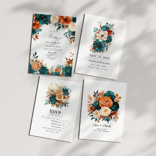Invitación Boda floral en azul verdoso, naranja quemada y cha