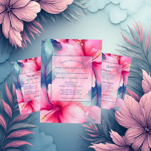 Invitación boda floral tropical hawaiano fucsia hibisco